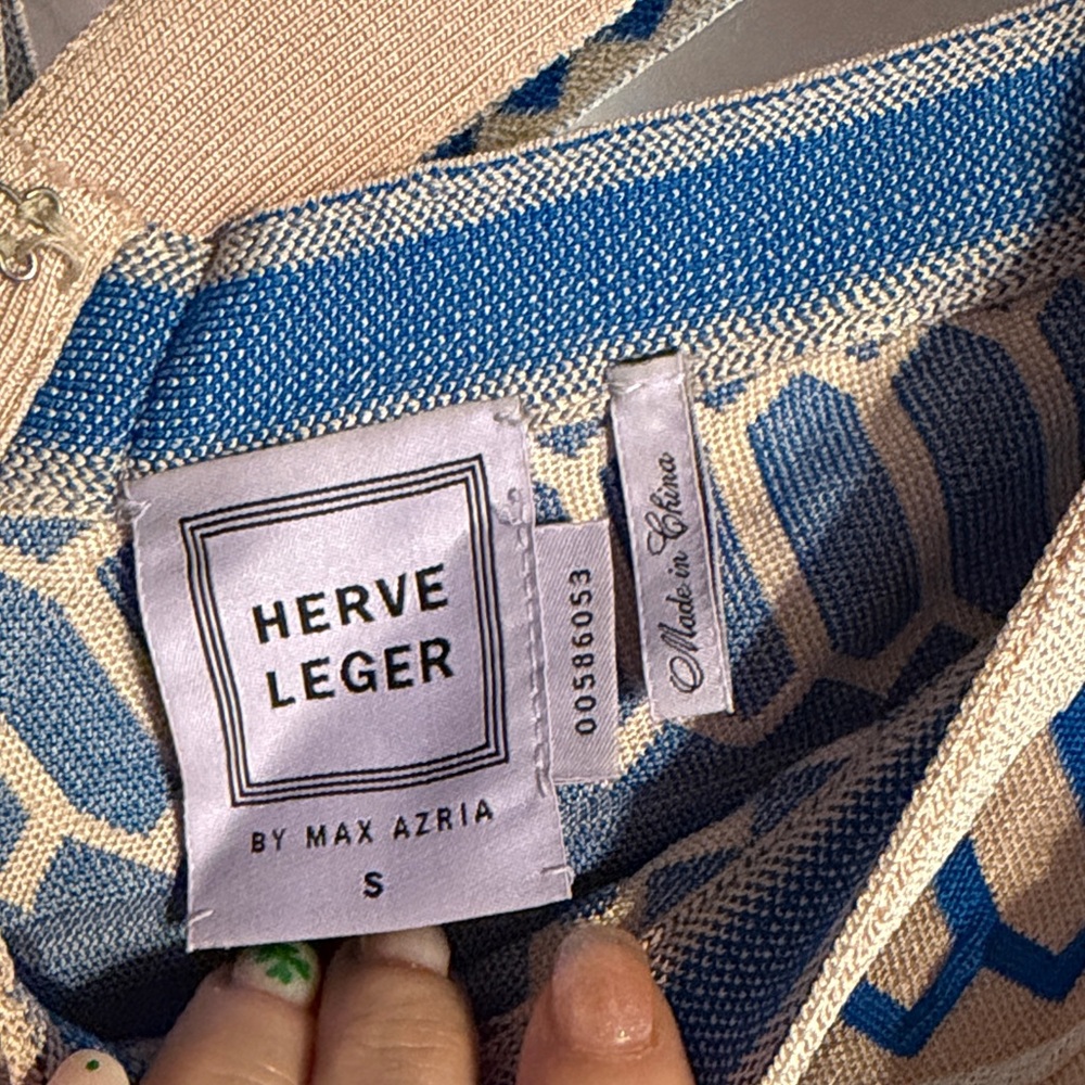 Herve Leger Cream Mini Dress with Blue Trim - Picture 2 of 3
